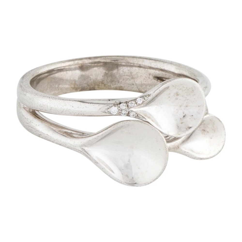 Vintage Designer Signed Movado Sterling Silver Diamond Petal Ring, Size 6.5, NWT